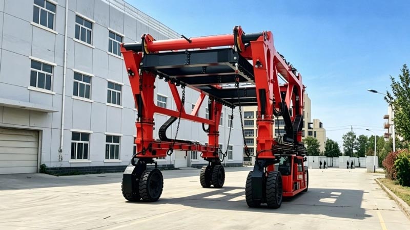Carretilla pórtico elevadora apiladora Aicrane manipulando maquinaria pesada en patio industrial.