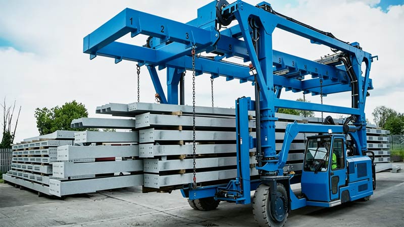 Aicrane carretilla pórtico elevadora transportando vigas de hormigón en una planta de prefabricados.