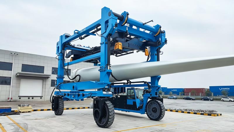 Manejo seguro de palas para aerogeneradores mediante una Aicrane carretilla de pórtico industrial.