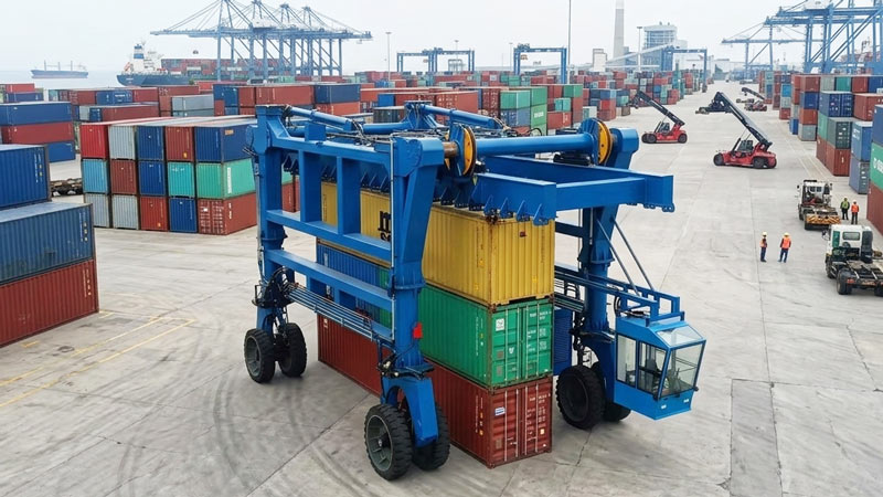 Carretilla pórtico Aicrane realizando la estiba vertical de contenedores en una terminal portuaria.