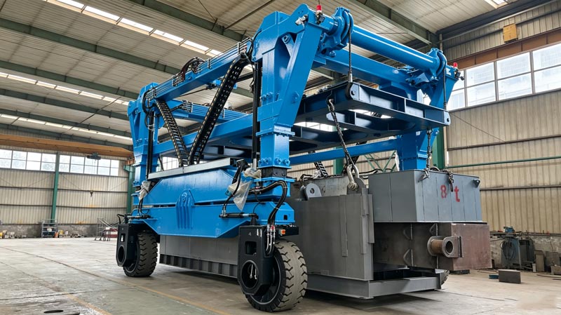Carretilla de pórtico Aicrane trasladando grandes tanques industriales y estructuras metalmecánicas.